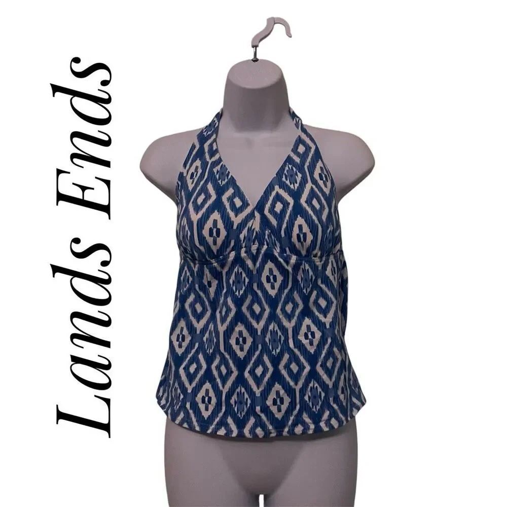 Lands End Size 10 Bikini Tankini Halter Neck Blue white